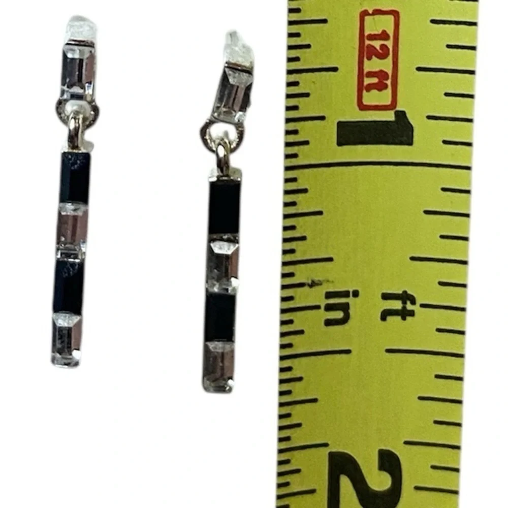 ART DECO DROP EARRINGS with Stud Posts in Black Onyx and Rhinestone Decor